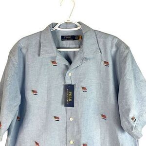 NEW Polo Ralph Lauren Classic Fit Oxford USA Flag Camp Shirt Mens‎ LT Blue $138